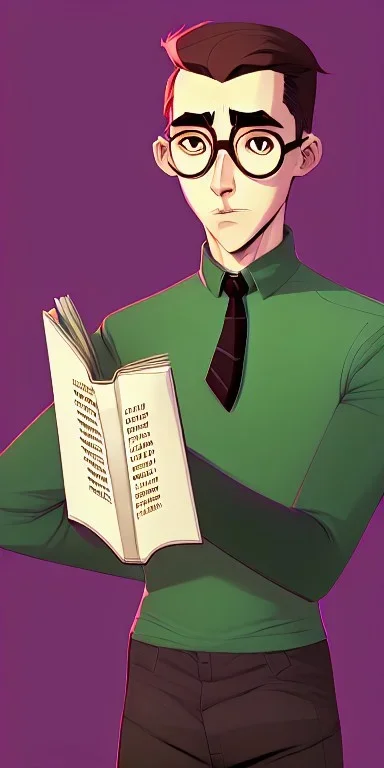 Fit man in round glasses with bookshelf in background, stubble,no beard, reading book, slim, tie, monotone, green eyes, comic book style, two tone colours, detailed, ink, realistic, handsome, square jaw, big brows, no jacket, bird on the shoulder, spotlight