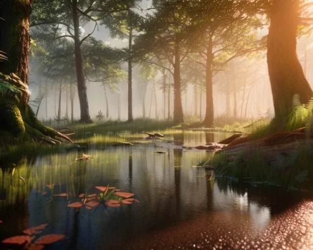 super woods with abundant water with high details of forest well lit with sunlight and with diversity of plants