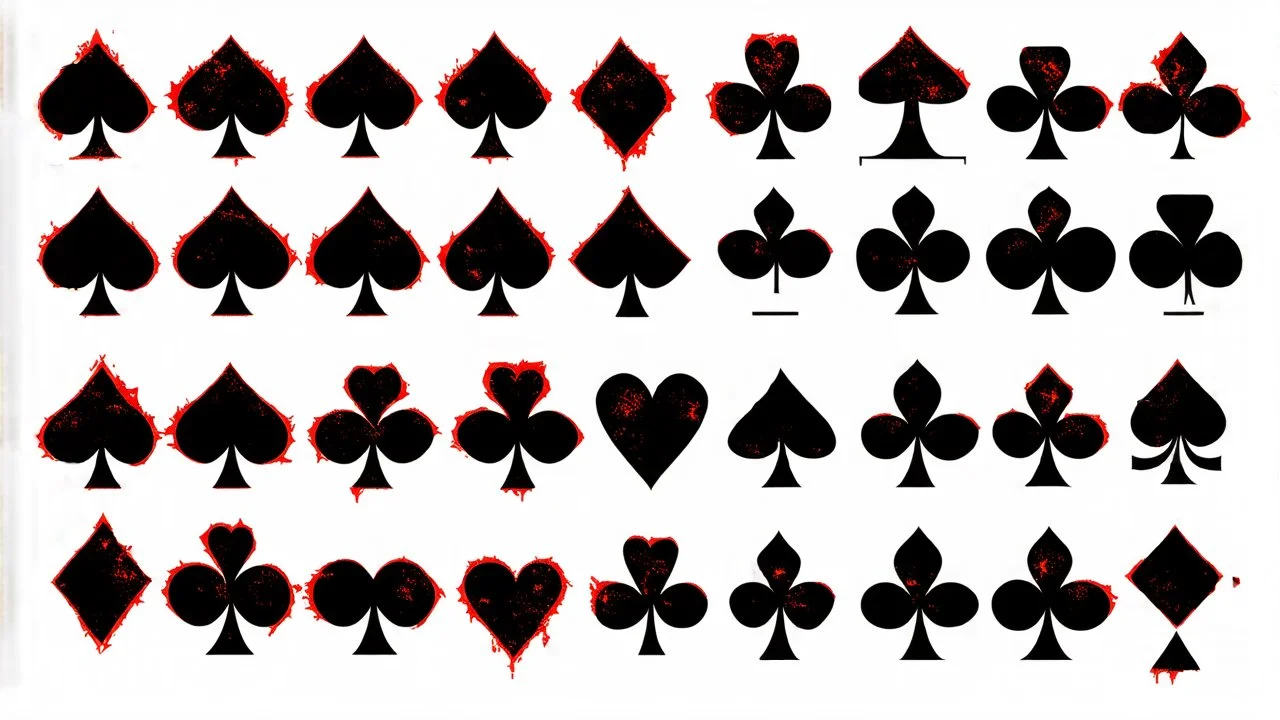 playing card symbols, 4 rows of symbols including diamond, spade, hearts and clubs, inky weathered and degraded looking vector style with rough irregular edges and holes, inspired by IM Fell font, underlined with a rough vector line