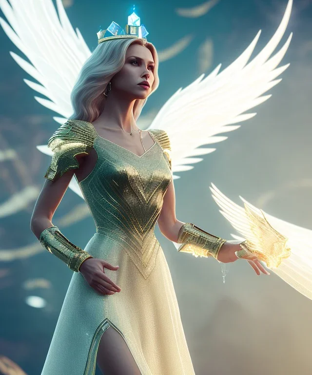 A crystalised queen, atmospheric, realistic, unreal engine, cinematic lighting, octane render, transparent long dress, blonde, full body, wings