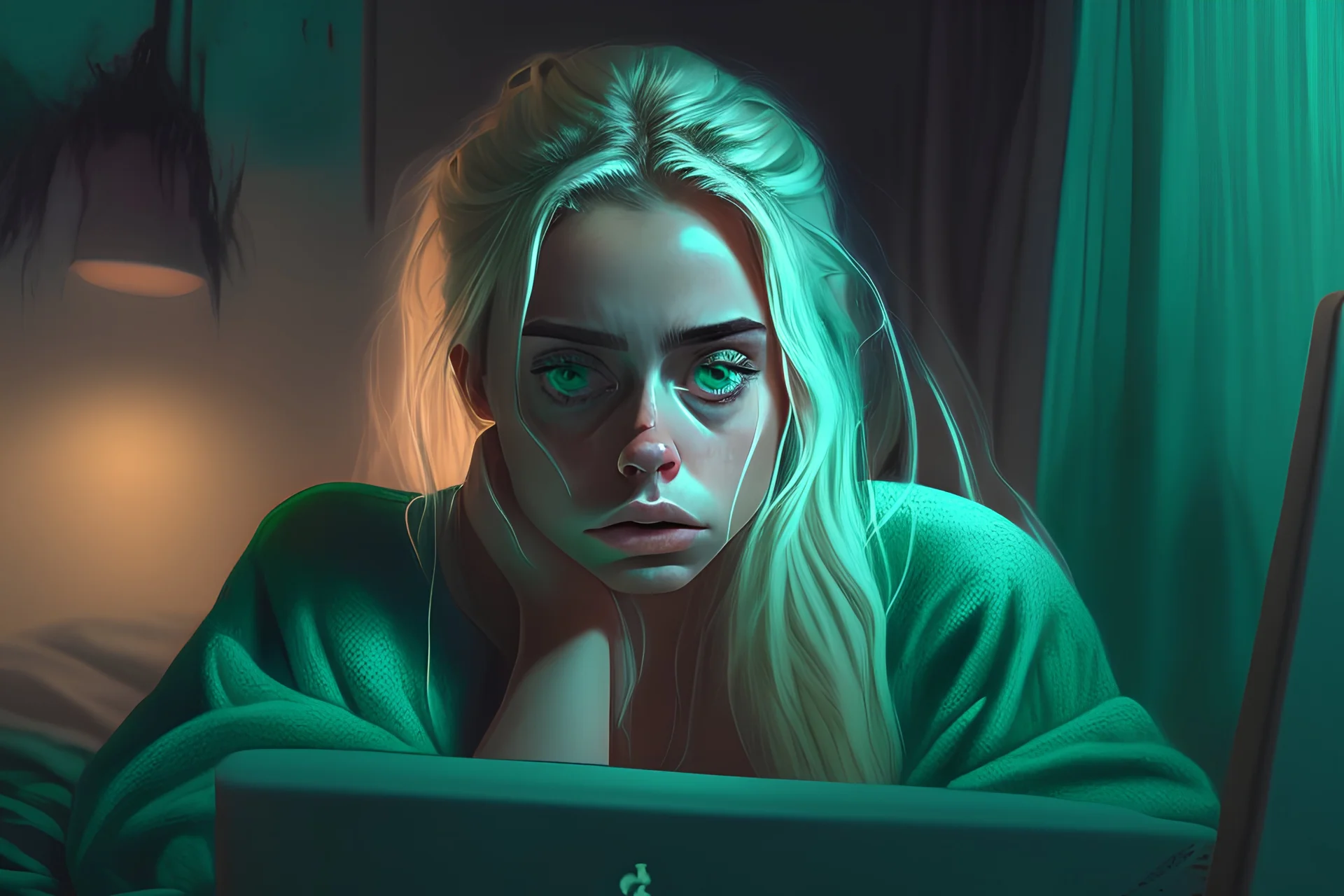 mulher, loira, cabelo amarrado, olhos verdes, preocupada, tensa,sentada, preocupada, quarto, 4k full, realista, cinema, cores frias, mexendo no computador, noite, imagem cinematográfica