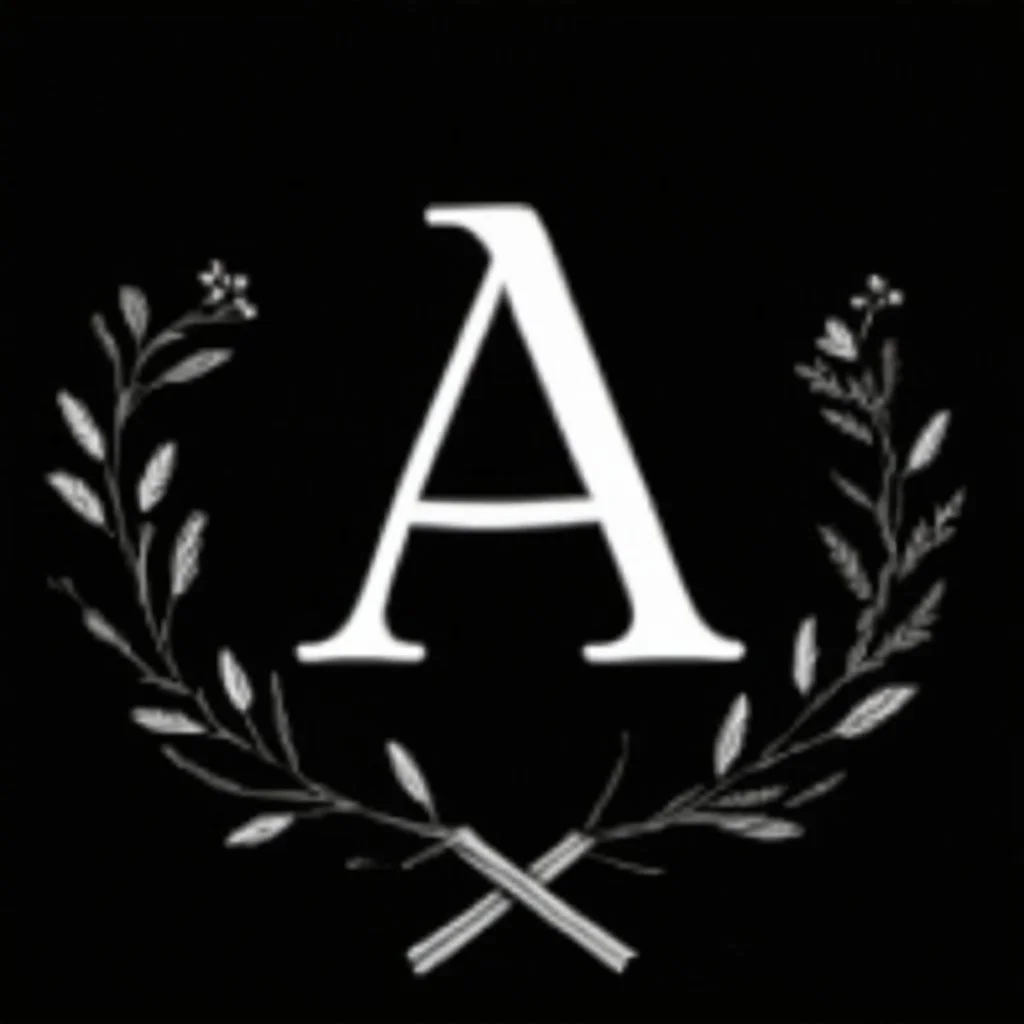 2 branches(crossed at bottom, arching upward in a wreath, delicate hand drawn outline linework, romantic), Letter A in Middle or wreath, sharp image, white vector on black background