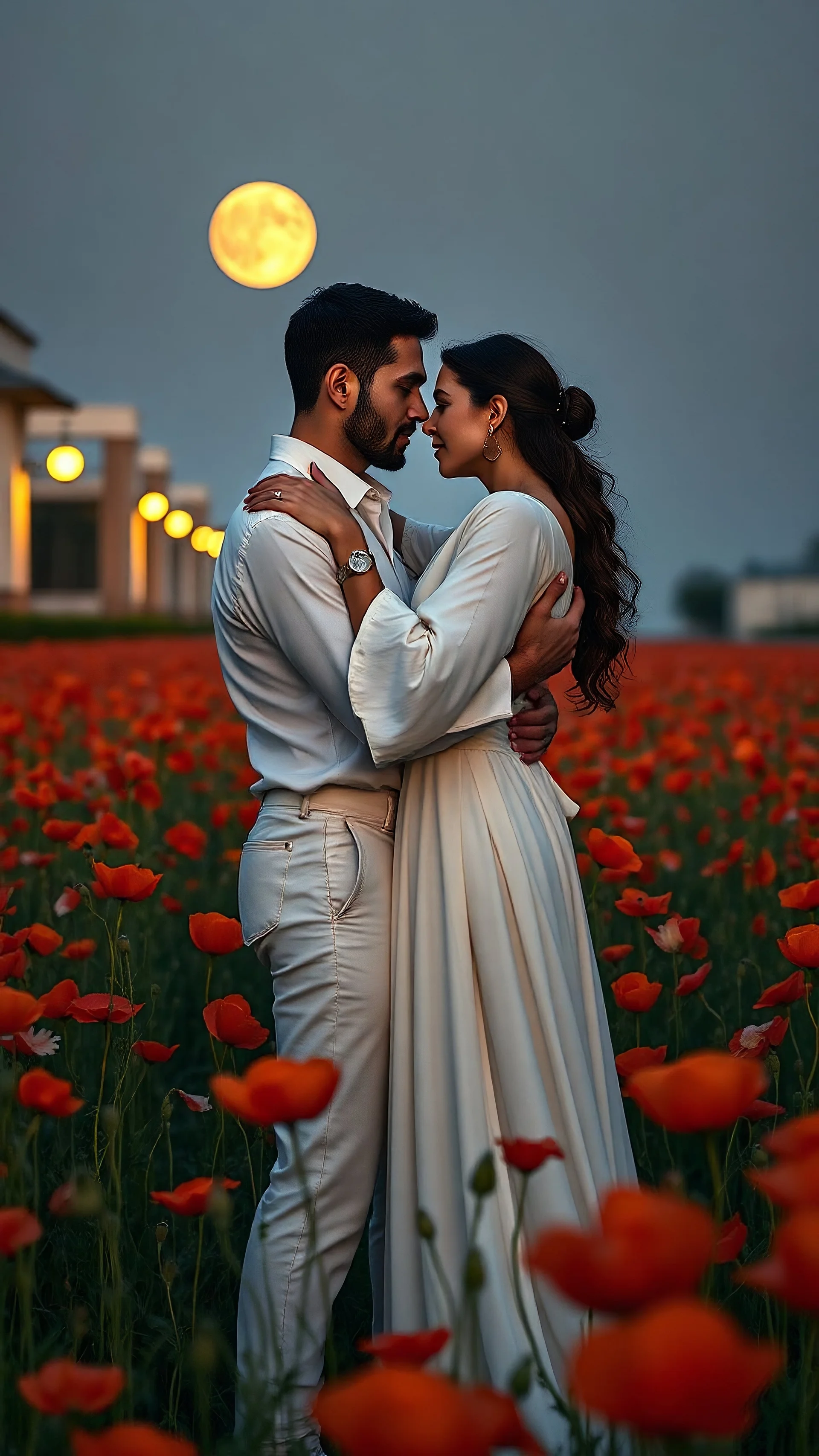 A man and a beautiful woman both wearing white clothes hogging each other in a romantic scene in the field of poppys by and oswaldo guayasamin and alexandre archipenko and yannis moralis in the style of , Artstation Deviant art, natural lighting accent lighting, in the street, intricate scenery highly detailed a full moon on the horizon