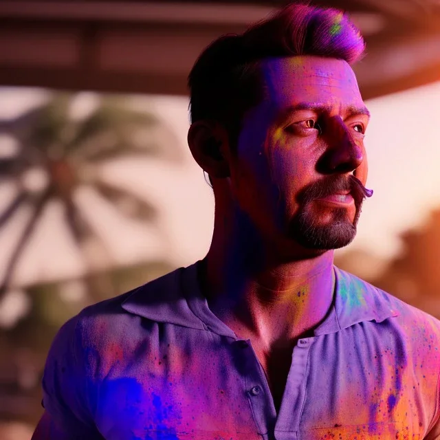 Ultra realistic portrait, color holi festival style, night scene. Naked Strong man , waist up view, happy, highly detailed, concept art, unreal engine 5, god rays, ray tracing, RTX, lumen lighting, ultra detail, volumetric lighting, 3d, finely drawn, high definition, high resolution.