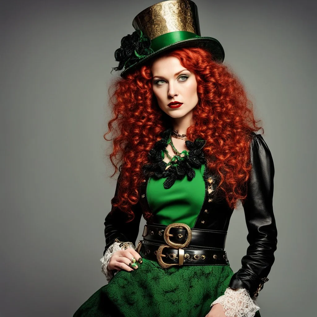 A beautiful woman with red hair, curly hair, wearing St. Patrick style clothing, St. Patrick headdress, gold leather, buckles and eyelets, black leather belt, white lace, black boots, green fingernails, model in the style of Hapers BAZAAR of the 40s, white background.