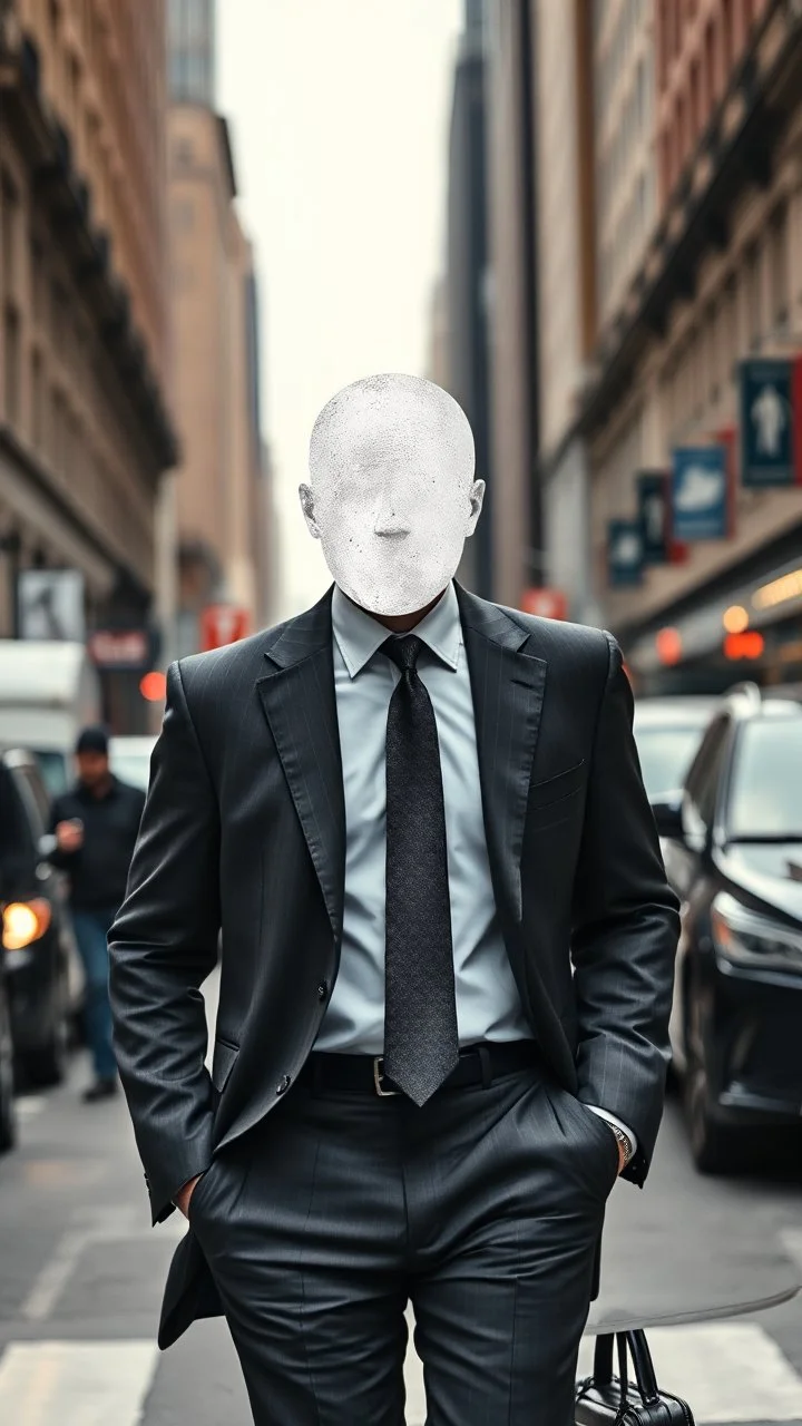 A man with suite carrying a business bag walking in the new York street , his head is a covered with white chalkwith no eyes nose or mouth