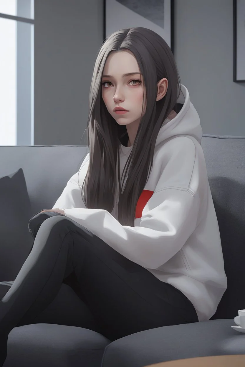 A portrait of a scared woman with long brown hair without bangs, red eyes, pale skin; wearing a long-sleeved black sweatshirt; sitting on a couch; modern living room setting; By artist "anime", 3d anime art, inspired by WLOP, Artstation, #genshinimpact pixiv, extremely detailed, aesthetic, concept art, ultrafine detail, breathtaking, 8k resolution, vray tracing