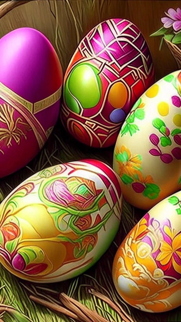 Easter Eggs, art, drawing, very realistic, detailed, vibrant colors.