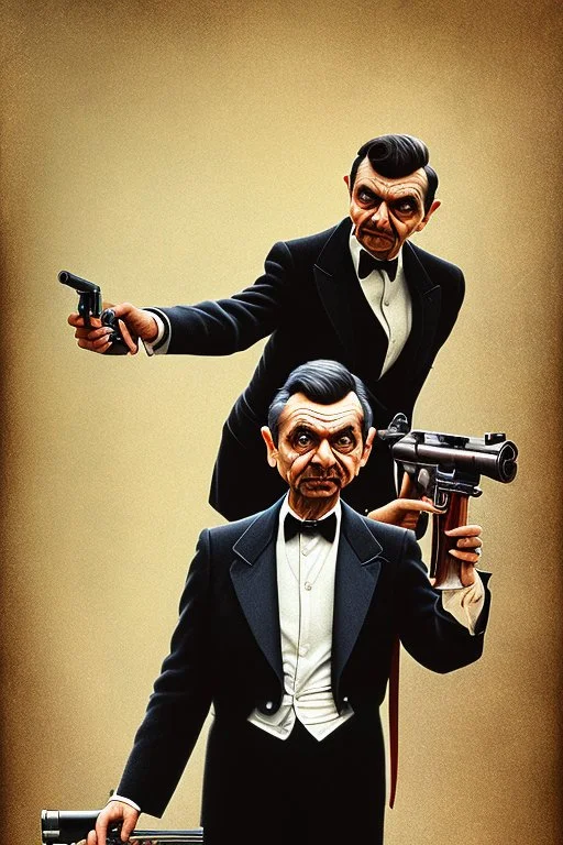 mr bean as the mafia godfather, holding tommygun, 4k, trending art, weird perspective, realism, spray paint, detailed