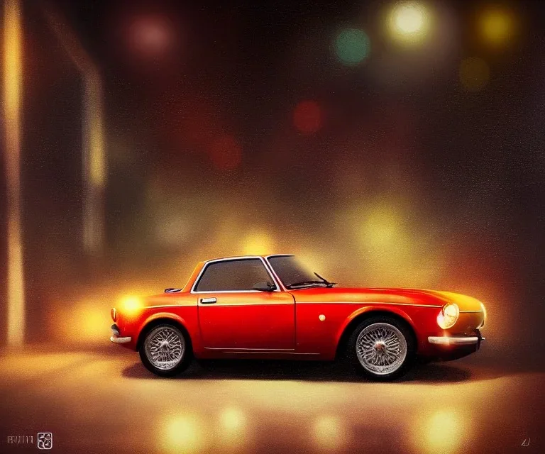 fiat 125p, city. high speed. bokeh. lens flare. warm lights. high detailed. oil on canvas