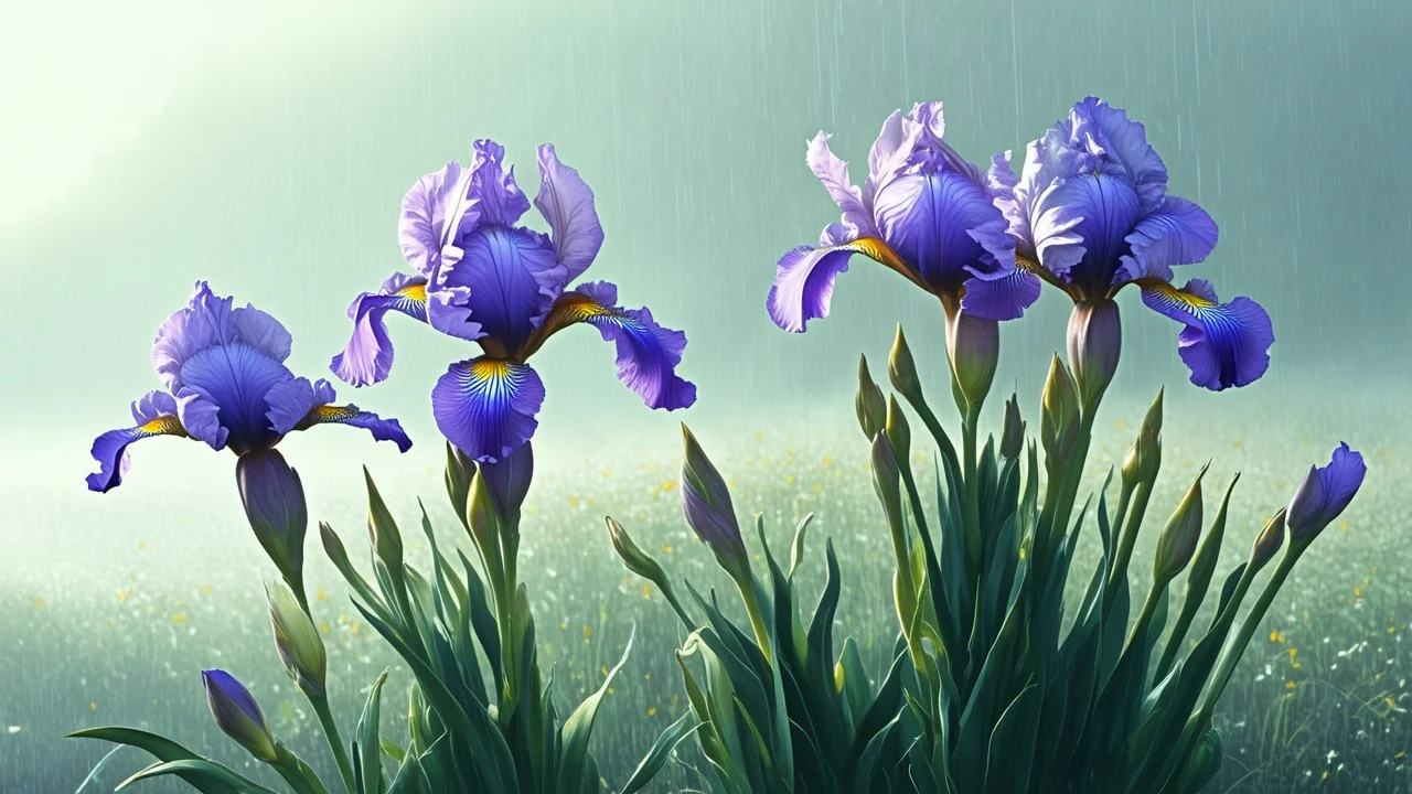 magic watercolor, double bush of irises, ultra-detailed, morning, rain, greenery, beautiful landscape, fog, many details, delicate sensuality, realism, high quality, 3d, work of art, hyper-detailed, filigree, foggy haze background, hyperrealism, professional, transparent, soft pastel colors, backlighting, contrast, fantastic, unreal, translucent, glowing, clear lines, epic fairytale, fairytale landscape, hyperrealism 1 minute ago