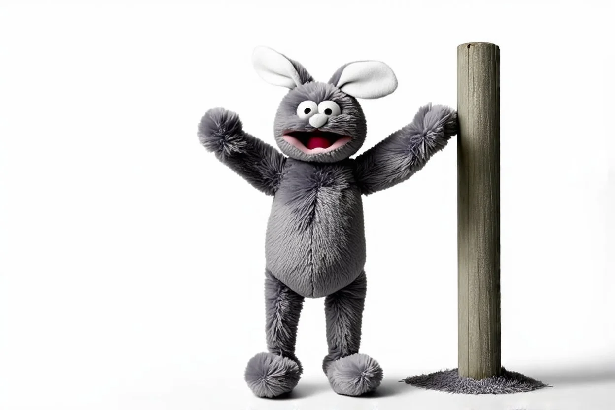 Scruffy fluffy grey puppet plush dust Bunny, holding with both hands onto a post while being blown by the wind, extending vertically, panicked. on white background