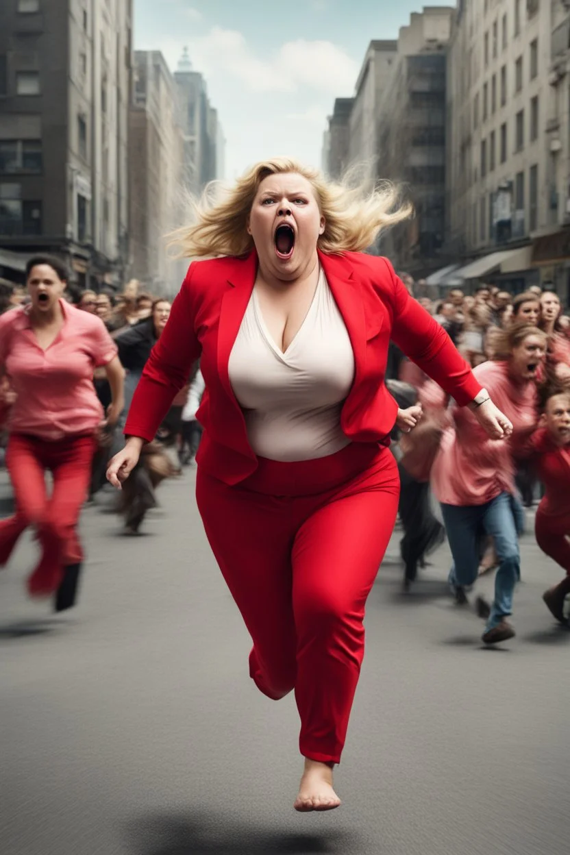 an obese terrified blonde woman in a red pant suit desperately running away from an angry mob of hundreds of people chasing her from a city block behind