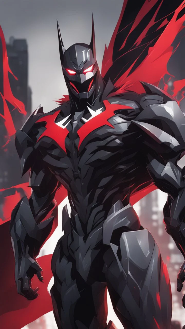 A close picture to Mix between transformers and batman and symbiote venom in solo leveling shadow art style with red details detailsis in fantasy world
