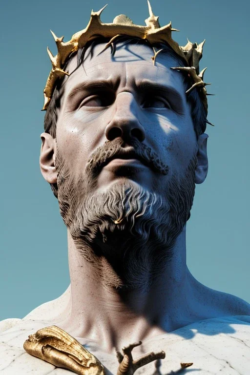 Ultra Realistic image, Roman sculpture, white marble material, Lionel Messi, gold crown of natural thorns, god crown, Renaissance style, sun rays background, waist up portrait, epic, celestial, cinematic lighting, God lights, 4k resolution, smooth details, soft lighting, unreal engine 5, art station, substance 3d.