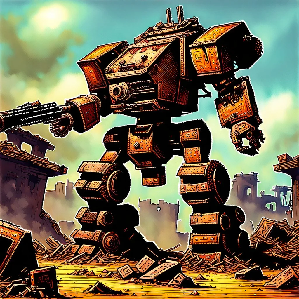 90's fantasy tcg art of a giant junk mech made of multiple parts in the ruins of a post apocalyptic sludge junkyard firing a a machine gun