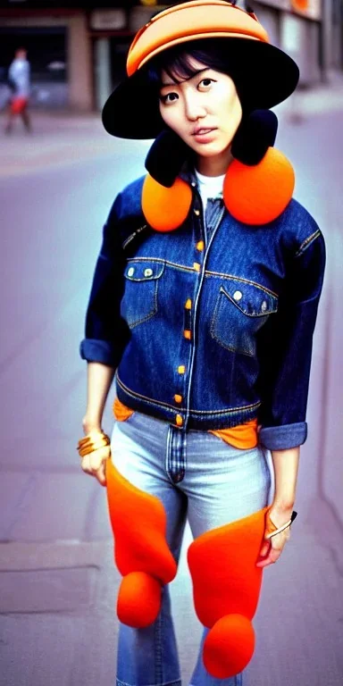 Korean, beautiful woman, black hair. thick thigh, thick calves. Style futurism, 1990's, rough street style.Mantle is sewed of recycled Denim and sewed together red felt pieces.Big headphones, with gold rings, is merged with small felt cap with small visor. A bag is integrated to the mantle. Patterns are composed of orange, cream, blue, lilac and purple. blue latex somewhere. It is with big bright purple felt tippet and cream-colored-hood. mantle is merged with tippet.