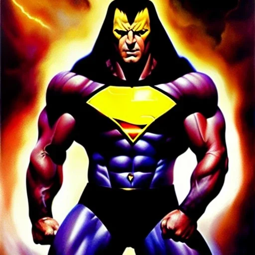 portrait oil on canvas,Black Adam,comic book cover, mystical colors,insanely detailed,realistic,intrincate detail, 16k resolution, masterpiece,Frank Frazetta,Alex Horley, Simon Bisley.