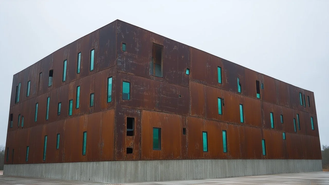 an imposing deconstructivist architectural structure made of weathered corten steel, its surfaces exhibiting a rich patina of rust and streaks. The building is composed of sharp, angular geometric forms that jut out at various angles, creating a dynamic and almost chaotic silhouette against a pale, overcast sky. Numerous rectangular windows, some tinted a pale blue or green, are embedded within the metal planes, offering glimpses into the interior. The structure rests on a base of light-colored