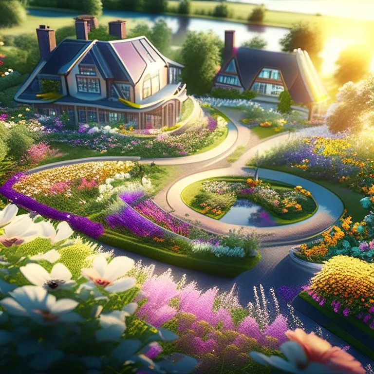 Futuristic hyper-realistic country house garden flowers warm weather 8k aerial view