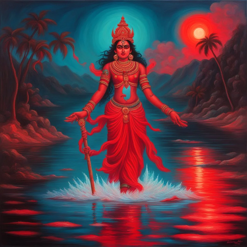 An oil painting of goddess Kali crossing a lake, neon red colors