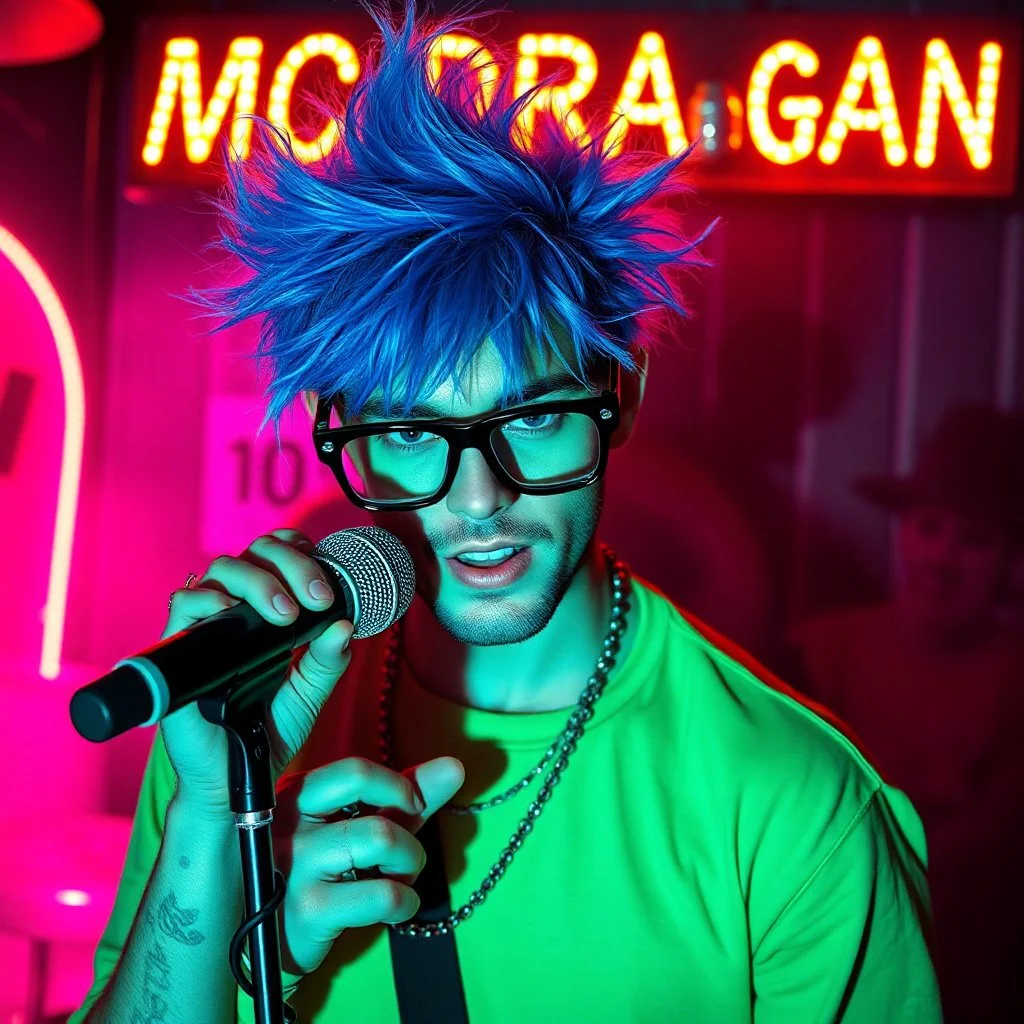 A MC performing at dance club, his name MC DRAGAN and looks crazy, crazy blue hair with Elvis Costello glasses. Neon lights and smog, MC DRAGAN SIGN ON WALL