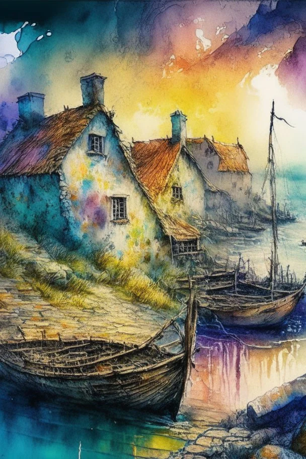 an old Irish fishing village, Jean-Baptiste Monge style, surreal, a masterpiece, razor-sharp focus, dynamic lighting, watercolor and ink concept art extremely detailed psychedelic 8k beautiful high detail high definition colourful matte background Michelangelo Van Gogh colorful dramatic lighting fine art reflections whimsical National Geographic photography Alexander Archipenko Romantic Impressionism Fantasy illustration Romantic realism