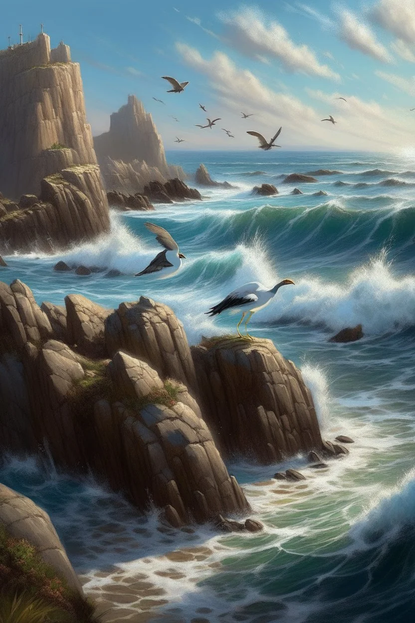 Generate an image of a serene coastal scene with a group of seabirds resting on rocky cliffs overlooking the ocean. Capture the birds in various states, some in flight, some perched, and others gliding above the waves. Highlight the rugged coastal landscape and the interplay of light and shadow.