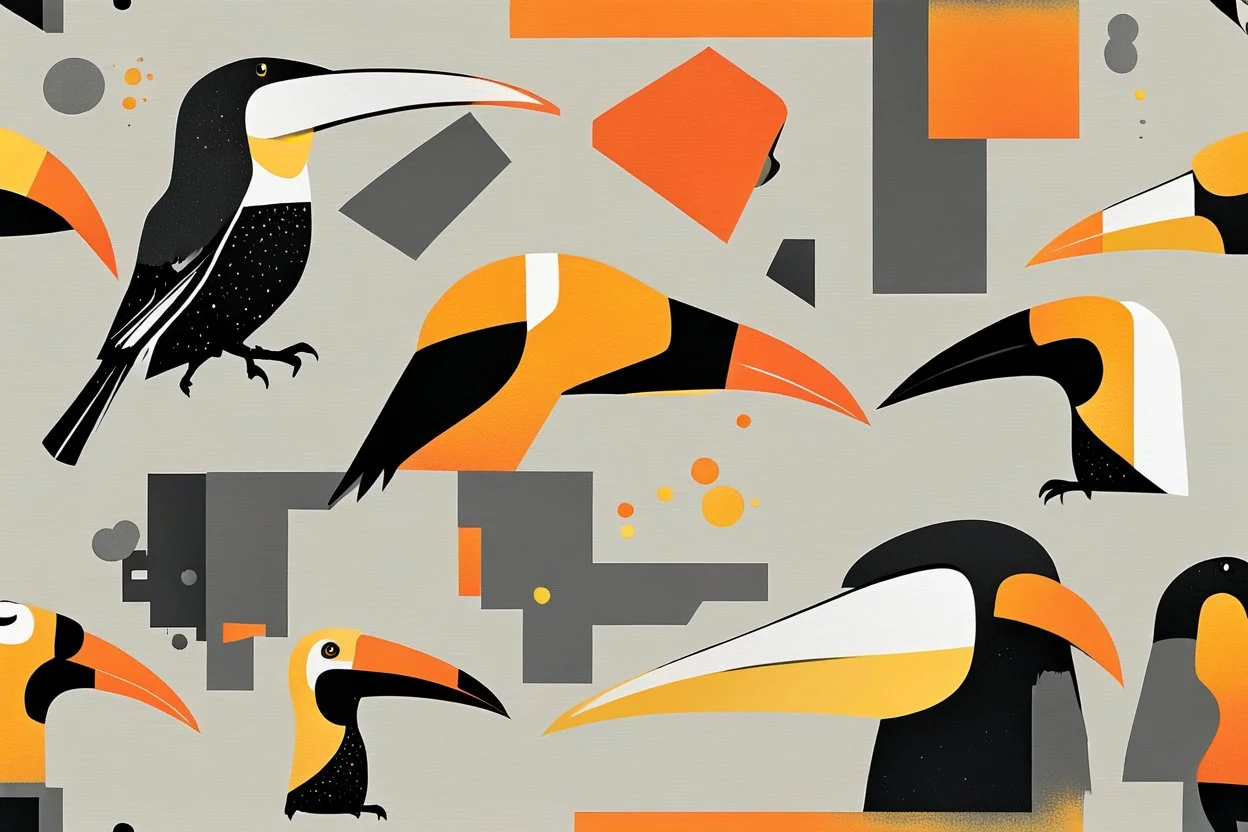 ink and paint of holo sizzle, arafed nonsense contradicting toucans in liminal space, double negative vibe, unnerving vibe, whimisical influence, grotesque vibe, ink and tint leak, minimal, brutalist, Aztec, drab and gray and orange and yellow