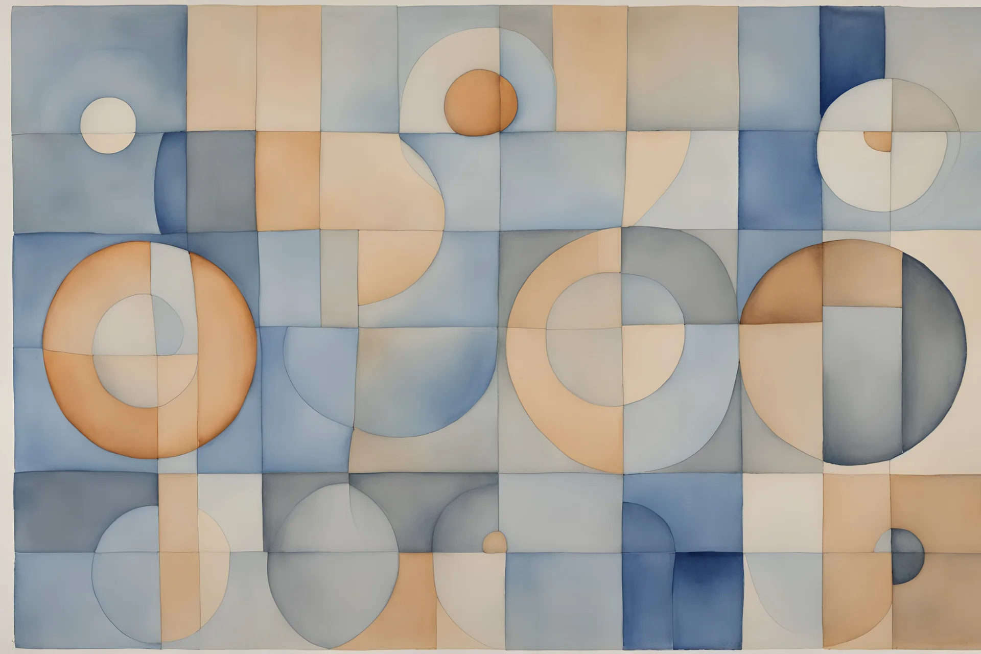 abstract watercolour , ink transfer lines, bifurcated circles, Paul Klee ,grey and blues