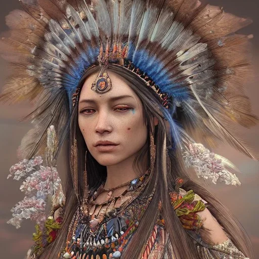 Insanely detailed photograph of an “portrait of gorgeous native american goddess ” with intricate hair, intricate embroidered dress, beautiful clear face and hyperdetailed painting by Ismail Inceoglu Huang Guangjian and Dan Witz CGSociety ZBrush Central fantasy art album cover art,8K, hdr, romantic, mysterious, ominous, flowers, jewelry, comfort, natural eyes, "arms open for embrace",intricate headdress