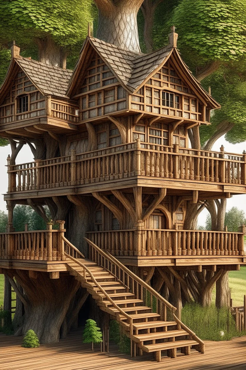 large medieval wooden treehouse, with a balcony, and a cobbled road going through the middle, in a wood, photo-realistic