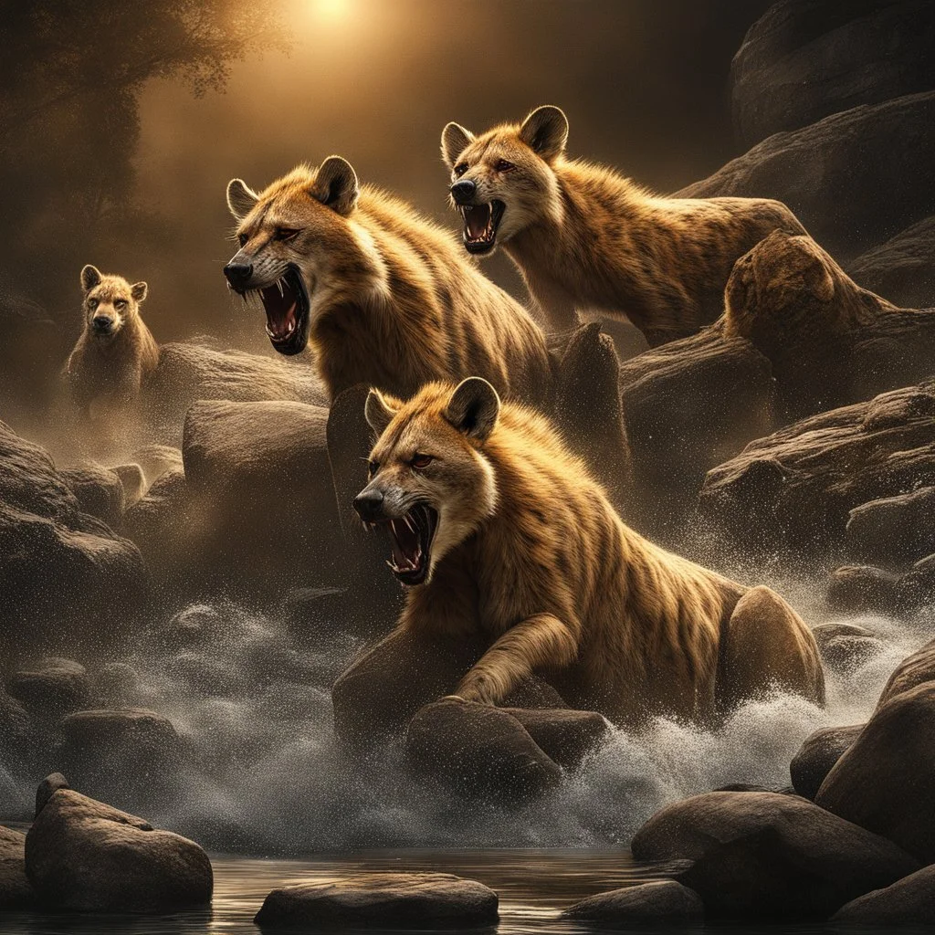 Hyper Realistic Angry-Hyenas & Attacking Angry-Lions on with river-water flow, big-stones at dark-night showing dramatic & cinematic ambiance