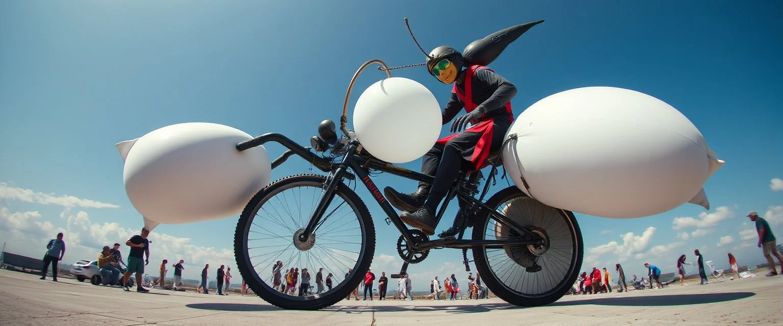 pinhole cam, airbrush 3d rendering, big tics and a cyberpunk robot The ninja priest Mantis ballooner, huge mech 🦗🥊 A bizarre upright bicycle-creature, front wheel replaced by articulated mantis-like arms carrying enormous inflatable pillows, looking far too serious about complying with official pillow-fighting regulations.