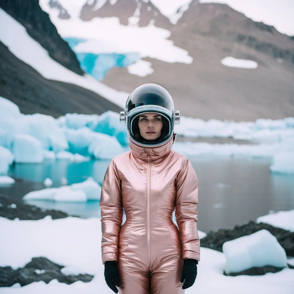 Fashion film in the icefields of Patagonia, a stunning supermodel in an incomplete Astronaut pink bronze suit discover the icefields and giant iceblocks and icebergs using stunning poses we can see her face through the glass . Supreme landscape, inticate background and a minimalist composition that creates a great megalophobia effect. Old lens, old Kodak vision filmstock, 1600 iso.