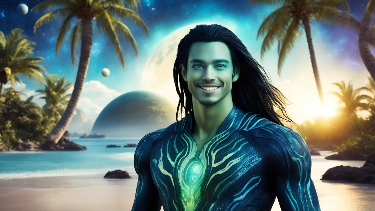 beautiful gorgeous young man na'vi with long hair, Avatar, blue skin, two small ears, green eyes, black hair, in cosmic suit, galactic ambiance, medium pointy goatee , smiling, with spaceship and planets and palm trees and clear crystaline cosmic beach in background