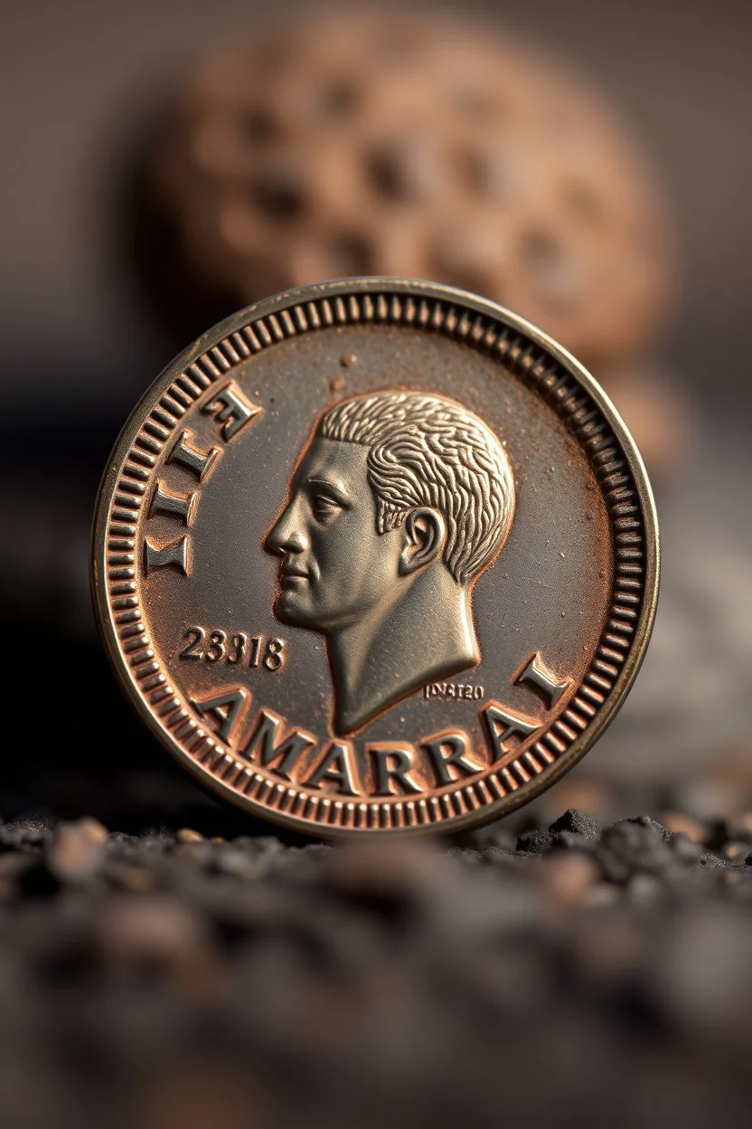 view of the word, Sam , Samarrrai , on a coin ,with picture of , man head in the middle of the coin