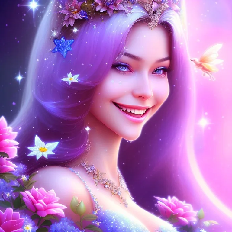 très jolie femme fée souriante , monde en fleurs, cascade , étoiles , concept art, crépuscule , bleu , vibrant Color, réaliste