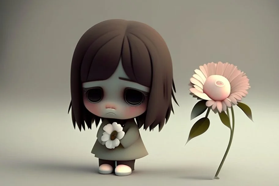 cute sad lonely 3D chibi girl holding a sad flower