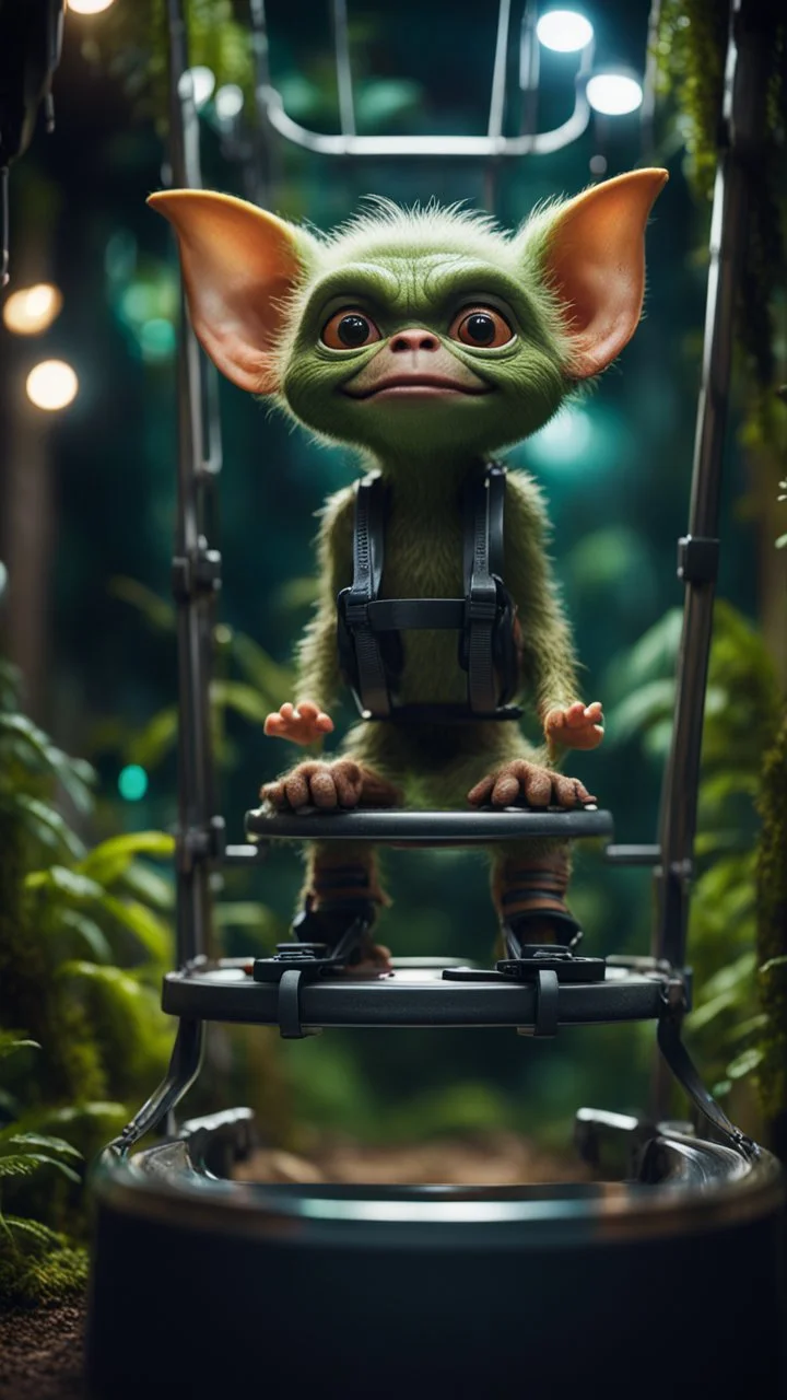 close up portrait of a gremlin model a bucket ski lift in dark lit reflective wet jungle metallic hall dome hotel tunnel, in the style of a game,bokeh like f/0.8, tilt-shift lens 8k, high detail, smooth render, down-light, unreal engine, prize winning