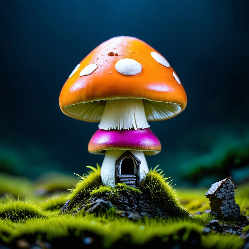 "Close up of a wonderful tiny Mushroom Tower home. orange and magenta with bright white, deep black and contrasting tones of gray. Illuminated bioluminescent forest. Professional painter, master at composition. small but detailed. broken, blurred background, voluminous lighting"