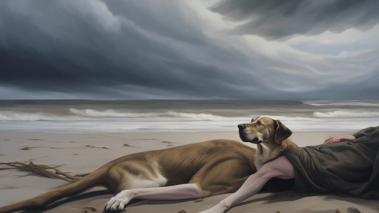 A woman and dog lying on the beach, low angle view. There are threatening clouds on the horizon.