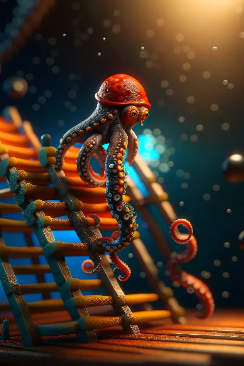 octopus climbing a ladder, wizard fireball in background, in the style of fantasy movies, photo-realistic, shot on Hasselblad h6d-400c, zeiss prime lens, bokeh like f/0.8, tilt-shift lens 8k, high detail, smooth render, down-light, unreal engine 5, cinema 4d, HDR, dust effect, vivid colors, smoke, dust, fireflies