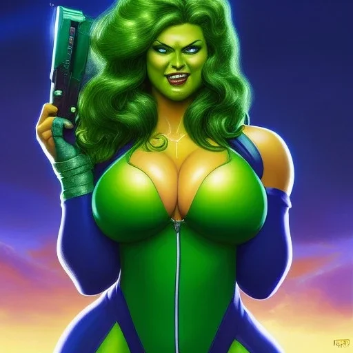 ultra detailed fullbody portrait of beautiful busty She-Hulk , wearing skintight Green costume, extremely detailed digital painting, intrincate, extremely detailed smiling face,crystal clear Big Blue eyes, in the style of Adam Hughes , mystical colors , perfectly centered image, perfect composition, rim light, beautiful lighting,8k, stunning scene, raytracing