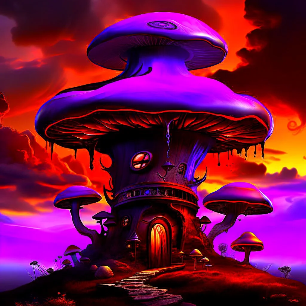 A fantabulous black, purple and orange (((mushroom tower house))) erected atop a (geologic pillar), surrounded by the uncanny imaginative ((( swirling skies))), offset by the stark hues of a (neon-tinged nebulous space scape), within. captured by the hand a skilled master painter with a focus on (softly blurred compositions and voluminous lighting).