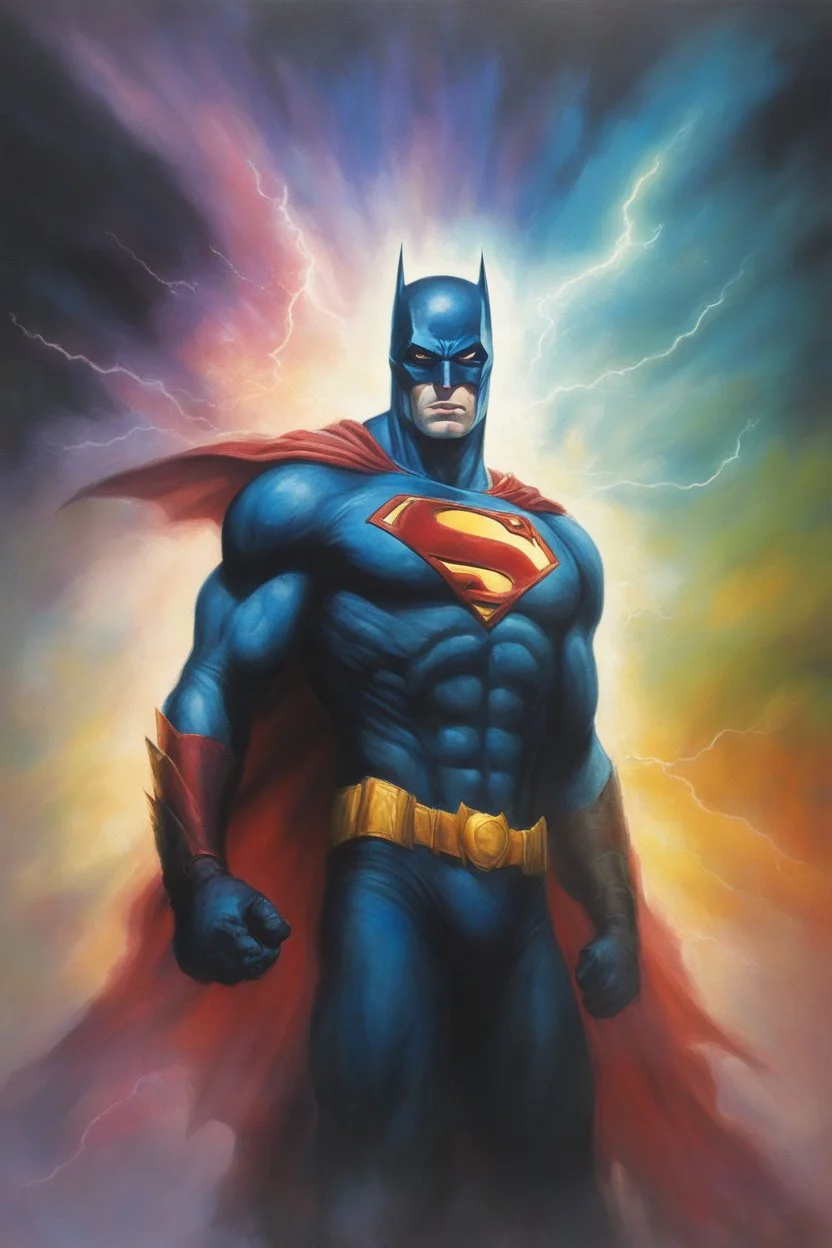 The FlashBatmanSuperman, oil on canvas, extremely colorful, foggy in the foreground, multicolored lightning and outer space in the background, in the art style of Gerald Brom