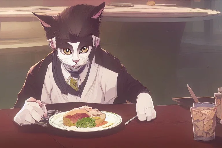 A cat wearing clothes is sitting at a table eating sushi. Manga style. Perfect iris. Paws. Mug with cat face