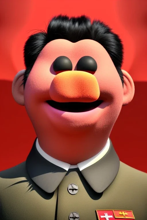 Waist up muppet Portrait, Kim Jong-un muppet doll, black suit, photo studio, red background, unreal engine 5, concept art, art station, god lights, ray tracing, RTX, lumen lighting, ultra detail, volumetric lighting, 3d.