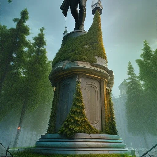 Monument, city centre, statue of human on top, overgrown, realistic, highly detailed