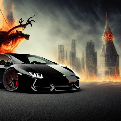 Fire head skeleton Rider wearing a black leather on black Lamborghini in the middle of street rounded by high tower in a City